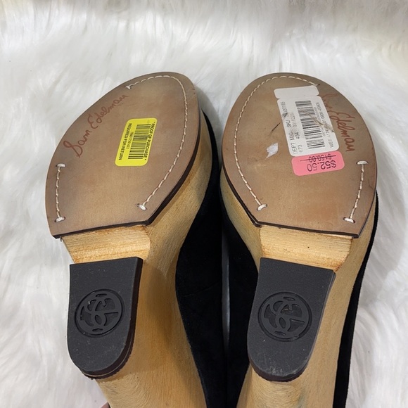 NWT Sam Edelman Black Leather Loafer Tassels & Wood Wedge Platform - Picture 12 of 16